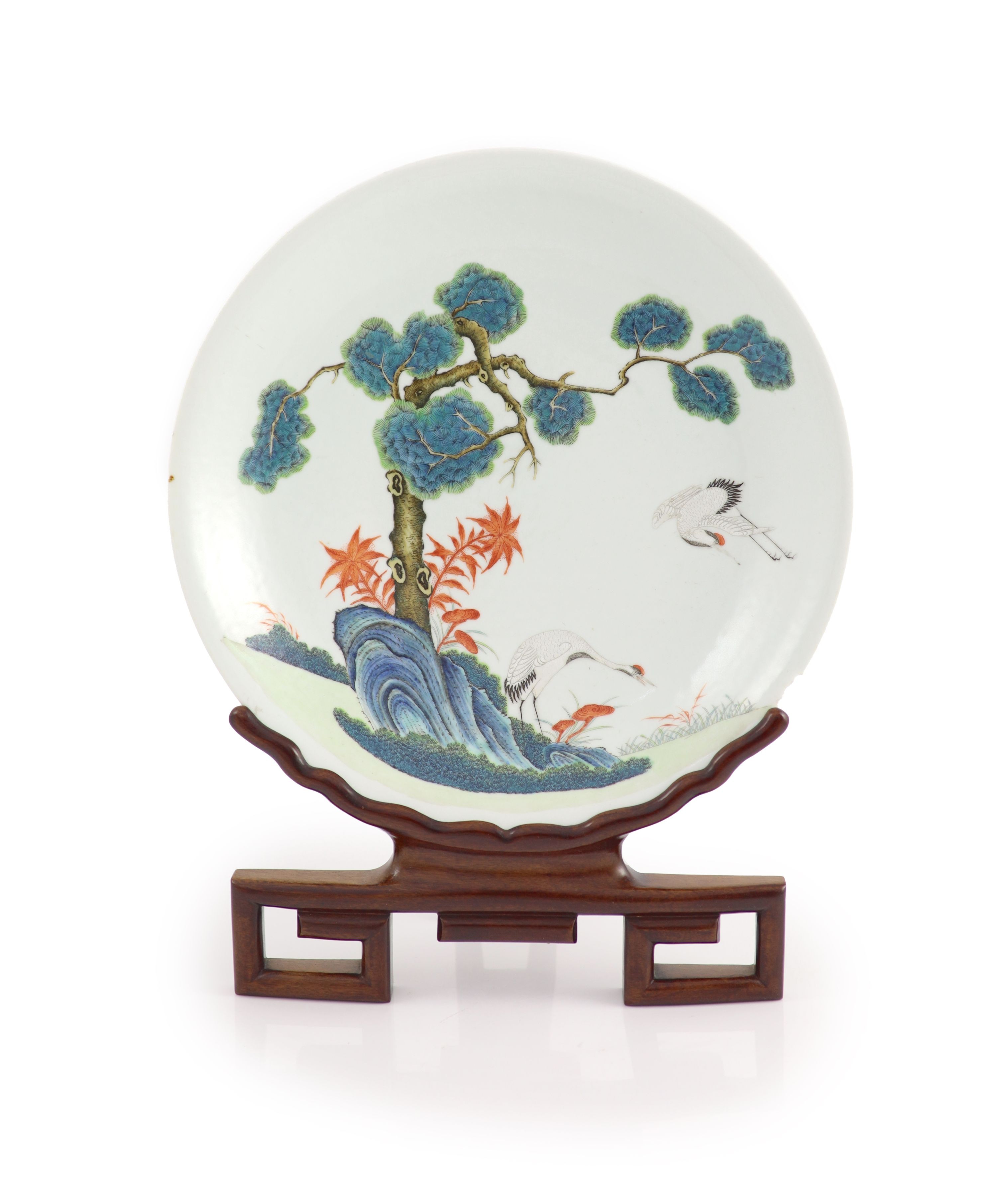 A Chinese Republic period enamelled porcelain 'crane' dish, four-character Jing Yuan Tang Zhi mark, 34.3cm diameter, rim chip